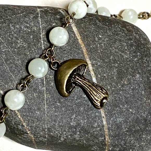 Natural Pale Green Serpentine Necklace, Bronze Slim Mushroom + Genuine Gemstone - Picture 5 of 14